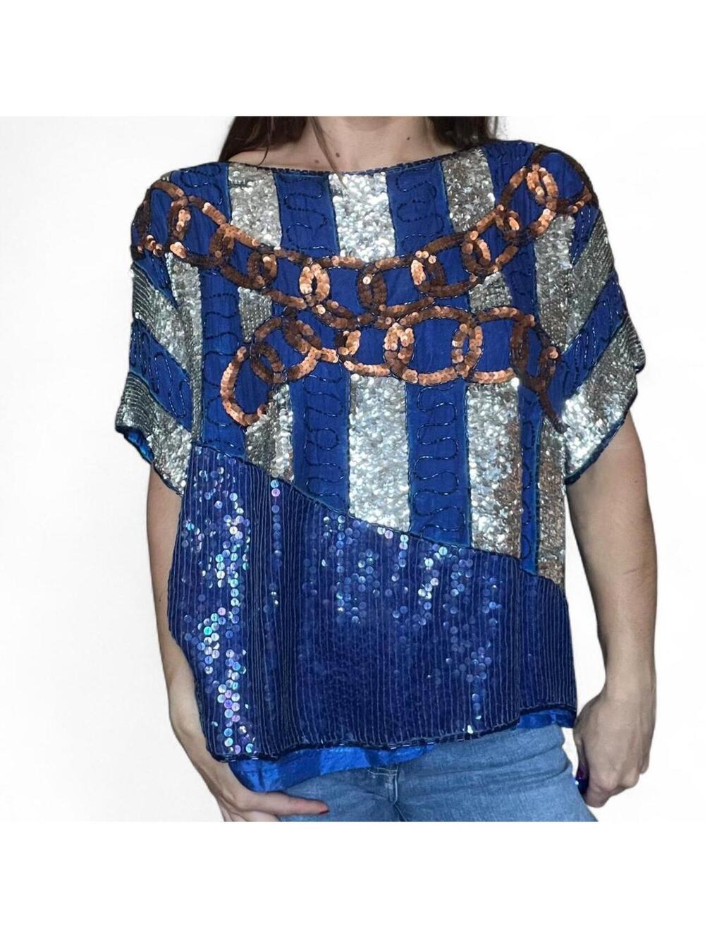 Vintage Nandans Made in India Beaded 100% Silk Top Blue Gold